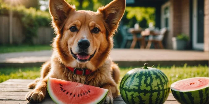 Happy dog sitting beside a sliced watermelon on a sunny day.