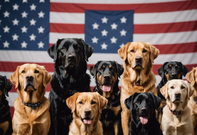 Collage of popular dog breeds in the USA with Labrador Retrievers, German Shepherds, and Golden Retrievers against an American flag.