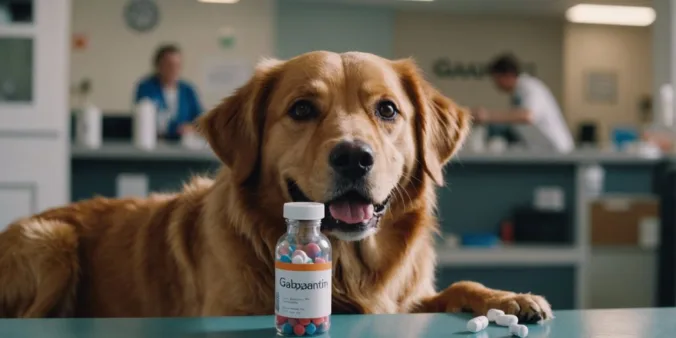 Happy dog with Gabapentin pill bottle in a veterinary clinic, representing medication use for dogs.