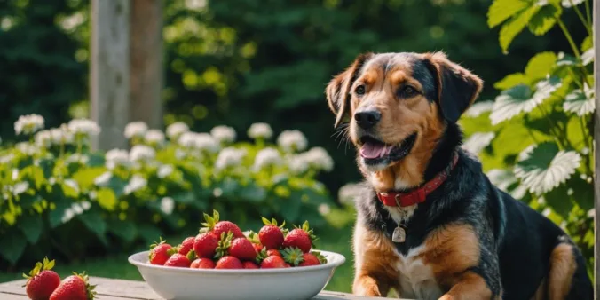 Happy dog beside a bowl of fresh strawberries in a garden setting.