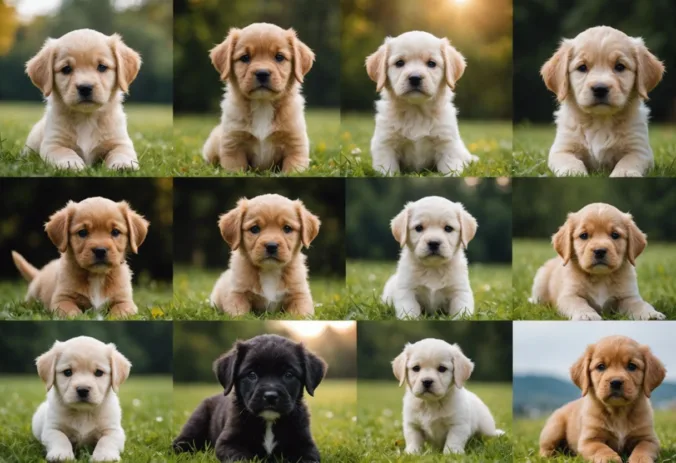 Collage of top 10 cute dog breeds with adorable puppies in various expressions and poses.