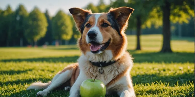 Happy dog sitting beside sliced apple on grass with blue sky background.